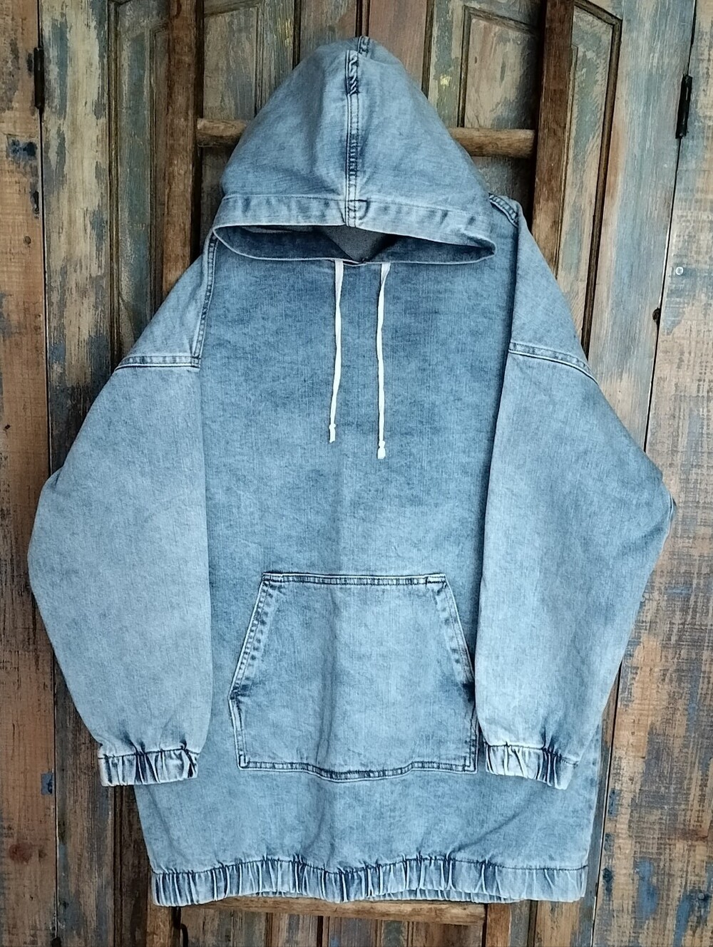 Boohoo Blue Acid Washed Denim Oversized Tunic Length Hoodie 80s Chic Sz 6